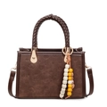 Dark brown suede crossbody bag with cartoon dog embossing and woven leather handle - With Pendant / Coffee