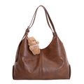 Large dark brown tote bag with leather texture and cute plush bear charm decoration - With Pendant / Brown