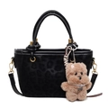 Zwarte bucket bag met luipaardtextuur, pluche hondenbedeltje en gouden details - Met Hanger / Zwart