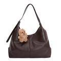 Dark brown large capacity tote bag with adjustable strap and cute plush dog pendant - With Pendant / Brown