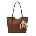 Borsa tote in pelle marrone da donna con cuciture bianche e ciondolo a forma di coniglio - Con Ciondolo / Marrone