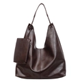 Sac hobo marron foncé et petite pochette en cuir souple brillant au style rétro - café