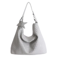 Light gray woven hobo bag for women with leather star pendant and fine braided texture - Silver