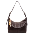 Donkerbruine hobo schoudertas van zacht leer met bohemien houten kralen hanger - Bruin