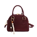 Borsa Boston retrò in pelle bordeaux con nappa di perline e logo dorato - Rosso