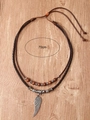 Collar de cuero de doble capa con colgante de ala plateada y cuentas, largo 70cm - Colgante de Pluma (SX368)