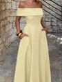 Elegant off-the-shoulder maxi dress in light yellow with side pockets for summer - S / Yellow