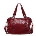 Borsa tote vintage in pelle PU rosso scuro con doppi manici e dettagli di zip argentate - Borgogna