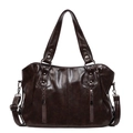 Borsa tote retrò marrone scuro in pelle PU con doppia cerniera e dettagli in metallo argento - Marrone