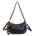 Black crescent shoulder bag with golden chain strap and colorful beaded wood tassel charm - Black PU Leather