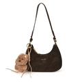 Retro dark brown suede hobo underarm bag with cute plush dog charm and gold zipper - With Pendant / Brown
