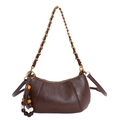 Dark brown half-moon crossbody bag with vintage bead charm and dual shoulder straps - Coffee PU