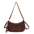 Brown faux suede crescent bag with gold chain and colorful bead charm in vintage style - Suede Coffee