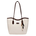 Large beige tote bag with dark brown straps and fashion tag on clean white background - White