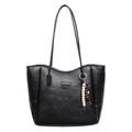 Classic black tote bag in vintage crinkle leather with fashion logo and bead charm - Black