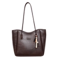 Vintage dark brown leather tote bag with pleated texture and ethnic beaded charm - Brown