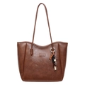 Dark brown retro leather tote bag with long shoulder straps and beaded charm detail - Brown