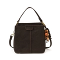 Bolso cubo marrón oscuro de cuero sintético con asa y cuentas de madera decorativas - Marrón