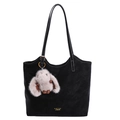 Retro black tote bag with gray plush bunny charm and white contrast stitching - With Pendant / Black