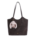 Dark gray large tote bag with long straps and white plush rabbit charm in a vintage style - With Pendant / Brown