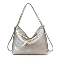 Metallic silver tote bag with gold hardware buckles and large capacity shoulder straps - Silver