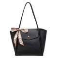 Schwarze Tote-Bag mit Litschi-Muster, goldener Schnalle und dekorativem Seidenschal - Schwarz