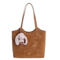 Brown vintage leather tote bag with a grey rabbit plush pendant and gold logo - With Pendant / Brown
