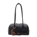 Retro black leather bowling bag for women with golden zippers and tassel charm - With Charm / Black