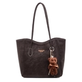 Grande borsa tote marrone scuro con cuciture bianche e un ciondolo a forma di orsetto - Con Ciondolo / caffè