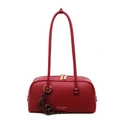 Retro red bowling bag with lychee texture and brand logo for winter 2025 fashion - With Charm / Burgundy