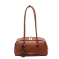 Vintage brown pebbled leather bowling bag with gold zipper and thin shoulder straps - With Charm / Brown