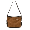 Borsa a spalla vintage in pelle scamosciata marrone con cuciture e anello d'argento - Marrone