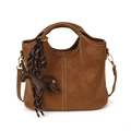 Brown faux suede bucket bag with contrast stitching and dachshund charm accessory - With Pendant / Brown