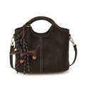 Dark brown suede bucket bag with contrast stitching and a dachshund charm accessory - With Pendant / Coffee