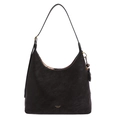 Klassische schwarze Hobo-Schultertasche aus Leder mit Metallring und Lederanhänger - Braun