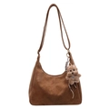 Brown vintage hobo crossbody bag in matte leather with cute plush bear keychain charm - With Pendant / Brown