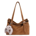 Brown large suede tote bag with long straps and a grey plush bunny charm accessory - With Pendant / Brown