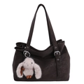Deep brown faux leather pillow tote bag with plush bunny charm on white background - Ebony With Pendant