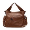Brown textured large capacity tote bag with adjustable shoulder strap and metal zipper - Brown