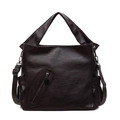 Deep brown large capacity leather tote bag with decorative zipper and adjustable shoulder strap - Brown