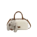 Sac à main en peluche blanc crème avec bandoulière en cuir marron et breloque lapin - Avec Pendentif / Blanc