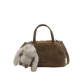 Sac à main en peluche marron café avec lanières en cuir et pendentif lapin - Avec Pendentif / Marron