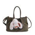 Vintage dark olive green bucket bag in faux leather with grey plush rabbit charm - With Pendant / Green