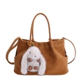 Caramel brown suede bucket bag with a cute white bunny plush pendant and long strap - With Pendant / Brown