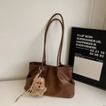 Brown faux leather tote bag with a soft texture and cute plush bear keychain charm - With Pendant / Brown