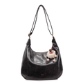 Black vintage glossy leather hobo tote bag with adjustable strap and alpaca charm - Black