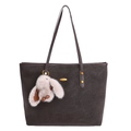 Minimalist large suede tote bag in dark brown with elegant plush bunny keychain - With Pendant / Brown