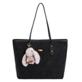 Borsa tote minimalista in pelle scamosciata nera con fibbie dorate e ciondolo a coniglio - Con Ciondolo / Nero