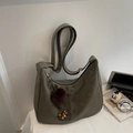 Retro dark olive green suede hobo bag with plush ball charm and long shoulder strap - With Pendant / Green