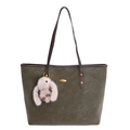 Retro olive green suede tote bag with brown handles and a cute plush rabbit charm - With Pendant / Green